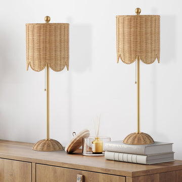 Celerie 27.5" Coastal Bohemian Rattan/Iron Scalloped Buffet LED Table Lamps with Pull Chain (Set of 2)